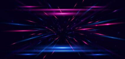 Abstract technology futuristic neon glowing blue and pink light lines with speed motion blur effect on dark blue background. vector