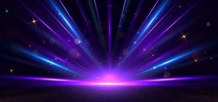 Abstract blue and purple light rays on black background with lighting effect and bokeh. vector