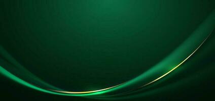 Abstract 3d gold curved green ribbon on dark green background with lighting effect and sparkle with copy space for text. Luxury design style. vector