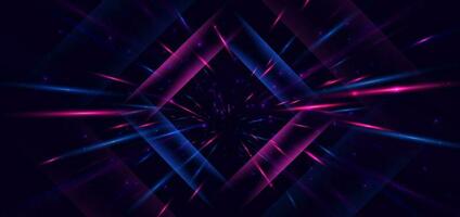 Abstract technology futuristic square neon glowing blue and pink light lines with speed motion blur effect on dark blue background. vector