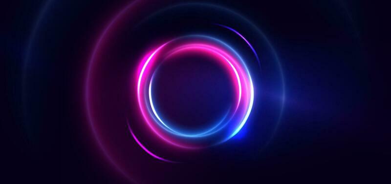 Abstract technology futuristic circles neon glowing blue and pink light lines with speed motion blur effect on dark blue background.