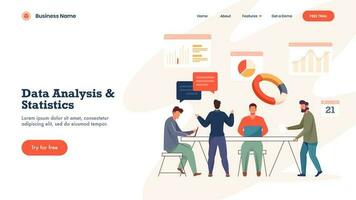 Data Analysis and Statistics concept based landing page design with business men working together on workplace with different infographic websites. vector