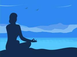 Beautiful poster or banner design with silhouette of woman in Meditation pose on mountain view background for Yoga Day. Space for your text. vector