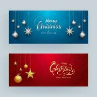 Merry Christmas and Happy New Year Header or Banner Design decorated with Stars and Baubles in two color. vector