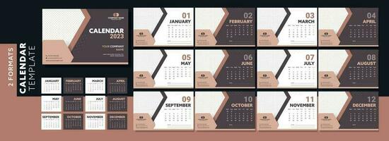 2 Formats Complete Set Of 12 Month, 2023 Calendar Template Layout With Space For Image Or Text In Gray And Brown Color. vector