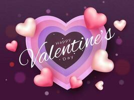 Happy Valentine's Day Font Decorated with Glossy Pink Hearts on Paper Layer Cut Hearts and Purple Bokeh Background. vector