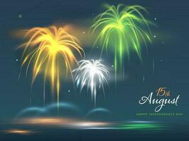 15th August, Happy Independence Day Concept with Indian Tricolor Fireworks and Lights Effect on Blue Background. vector