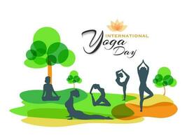 Healthy Environment concept with silhouette of women in different yoga pose for International Yoga Day celebration. vector