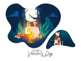 Young Couple Character Sitting in Front of Bonfire with Dog and Gift Boxes on Paper Cut Full Moon Forest Abstract Background for Happy Valentine's Day. vector