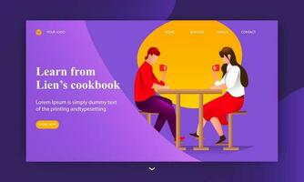 Learn from lien's cookbook concept based landing page design with young boy and girl drinking coffee at the restaurant table. vector