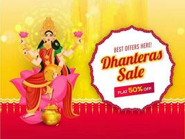 Dhanteras Sale banner or poster design with discount offer and illustration of Goddess Lakshmi Maa on yellow and red background. vector