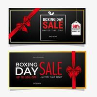 Set of Boxing Day Sale banner design covering with red ribbon and different discount offer on black background. vector