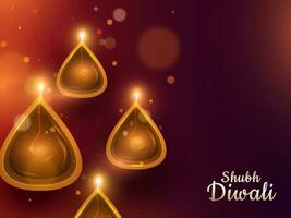 Top view of illuminated oil lamps with bokeh effect on brown background for Happy Diwali celebration. vector