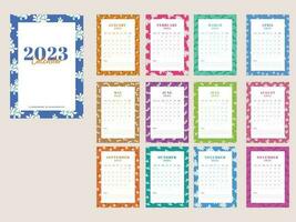 12 Month, 2023 Calendar Template Layout With Floral Border For Publishing. vector