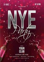 NYE Party invitation card or flyer design with champagne bottle and event details on burgundy bokeh background. vector