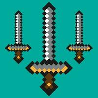 Sword game pixelated icon vector illustration design. Object of cold steel arms, ancient defense. Knight's steel sharp blade with golden handle minimalistic pixel graphic thing isolated on white.