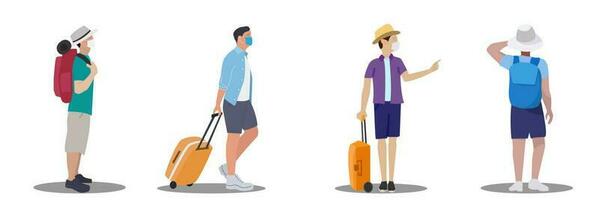 Tour group, tourists on a trip. Set of people silhouettes. With mask. vector
