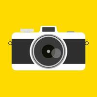 Retro camera in a flat style on a colored background. Old camera with strap. Travel and tourist. vector