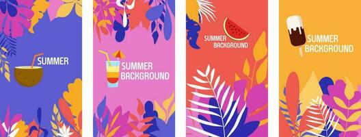 Vector set of abstract summer backgrounds with copy space for text - posters, cover design templates, social media stories wallpapers with tropical leaves and plants in minimal simple.