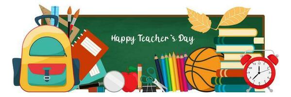 Happy teacher's day poster concept with school items. vector