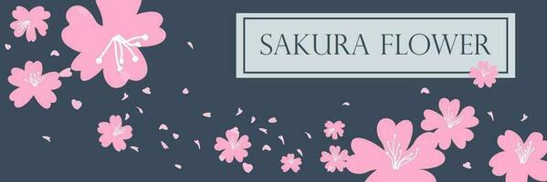 Greeting card with a blossom sakura for your design. Blue background with japanese spring holiday and cherry flower. vector