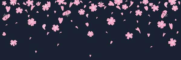 Horizontal template with cherry blossom, spring flowers and sakura, falling petals. Retro vector illustration. Place for your text. Design for invitation, banner, card, poster, flyer.