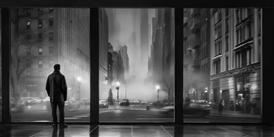 . . Monochrome black and white city urban photo realistic illustration with lonely person. Noir drama lonely vibe. Graphic Art