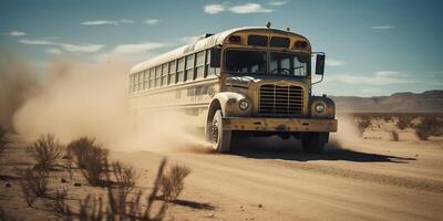 . . Photo realistic illustration of bus riding in the desrt on the road. Mad Max movie inspired. Graphic Art