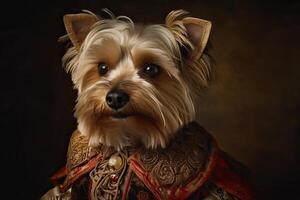 ai generado. ai generativo. pintura de un Yorkshire terrier en Renacimiento ropa realista ilustración. Clásico retro élite onda. gráfico Arte foto