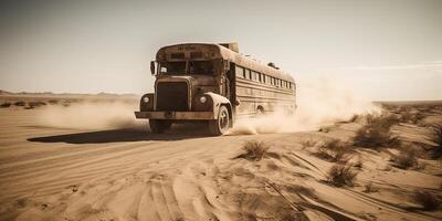 . . Photo realistic illustration of bus riding in the desrt on the road. Mad Max movie inspired. Graphic Art