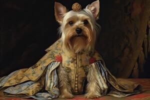 . . Painting of a Yorkshire terrier in renaissance clothing realistic illustration. Vintage retro elite vibe. Graphic Art photo