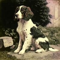 . . Photo realistic old vintage retro photo illustration of pet cute dog. Hand colored photography. Graphic Art