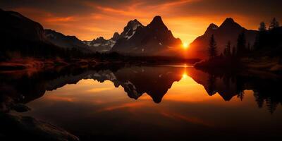 . . Beautiful illustratration photo or mountain lake sunset. Adventure calm vibe. Graphic Art