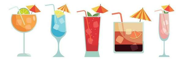 Set of cocktails. Summer illustration of classical drinks in different types of glasses. Vector illustration of summer cocktails. Banner with soft and alcohol drinks.