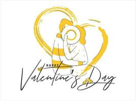 creativo romántico Pareja participación sombrero en corazón forma hecho por amarillo cepillo para contento San Valentín día. vector