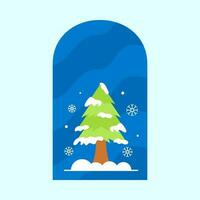 Vector of Snowfall With Christmas Tree At Window Blue Background.