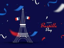 Happy Bastille Day Font with Eiffel Tower Monument and France Flags on Purple Background Decorated with Confetti. vector