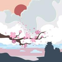 Banners with blossoming oriental cherry branch in traditional japanese sumi-e style on vintage background. Hieroglyph sakura with cloud and sun. vector