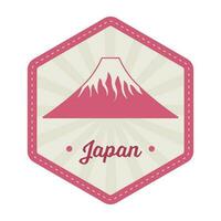 Isolated Volcano With Rays On Hexagon Background For Japan Stamp Or Label Design In Pink And Grey Color. vector