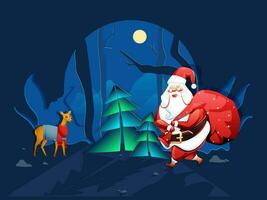 Night View Background with Xmas Trees, Reindeer and Santa Claus Lifting a Red Sack for Christmas and New Year Celebration. vector