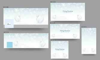 Merry Christmas and Happy New Year Celebration Header, Poster and Template Design with Realistic Baubles on White Snowflake Background. vector