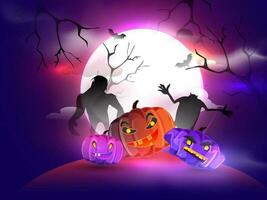 Full moon night background with spooky jack-o-lanterns and monsters for Halloween Night. Can be used as poster or banner design. vector