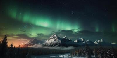 . Photo realistic illustration of aurora northern light. Adventure expidition vibe. . Graphic Art