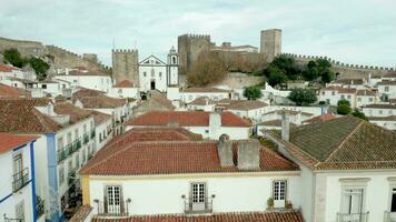 Traditional Houses In The Medieval Town Of Obidos In Portugal - aerial sideways video