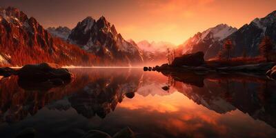 . . Beautiful illustratration photo or mountain lake sunset. Adventure calm vibe. Graphic Art