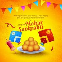 Happy Makar Sankranti message card or poster design with Indian dessert, kites and spring spool on yellow mandala pattern background. vector