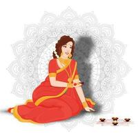 Beautiful woman decorating rangoli with oil lamp on mandala pattern background. vector