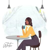 Young girl drinking tea or coffee at chair on nature view for Hello Winter. Can be used as poster or template design. vector