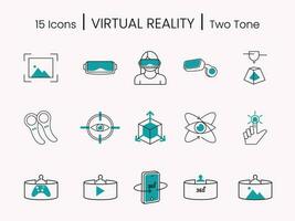 Teal And White Illustration Of Virtual Reality 15 Icon Set On Pale Pink Background. vector