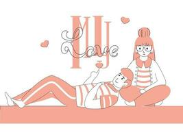 Young Girl with Boy Lying Down Hand Showing to My Love Text on White Background. vector